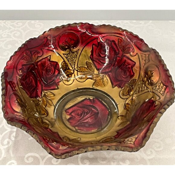Victorian Goofus Vintage Rose-Patterned Red & Gold Glass Bowl Approximately 9"x3